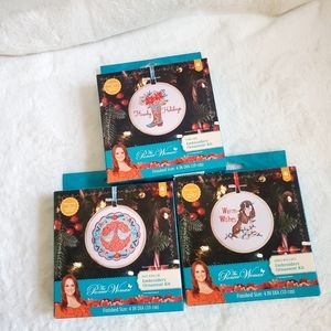 Pioneer Woman 3 Christmas ornament complete EMBROIDERY KITS: dog, boot, birds